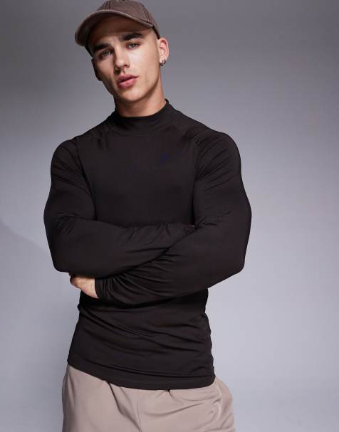 4505 - Icon - Sneldrogende muscle fit basissporttop met lange mouwen en opstaande kraag in donkerbruin - view 1