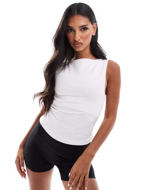 4505 Icon soft touch boat neck tank top with shelf bra in white 