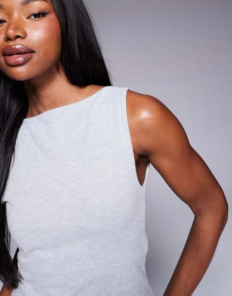 4505 Icon soft touch boat neck tank with inner bra in grey marl - view 1