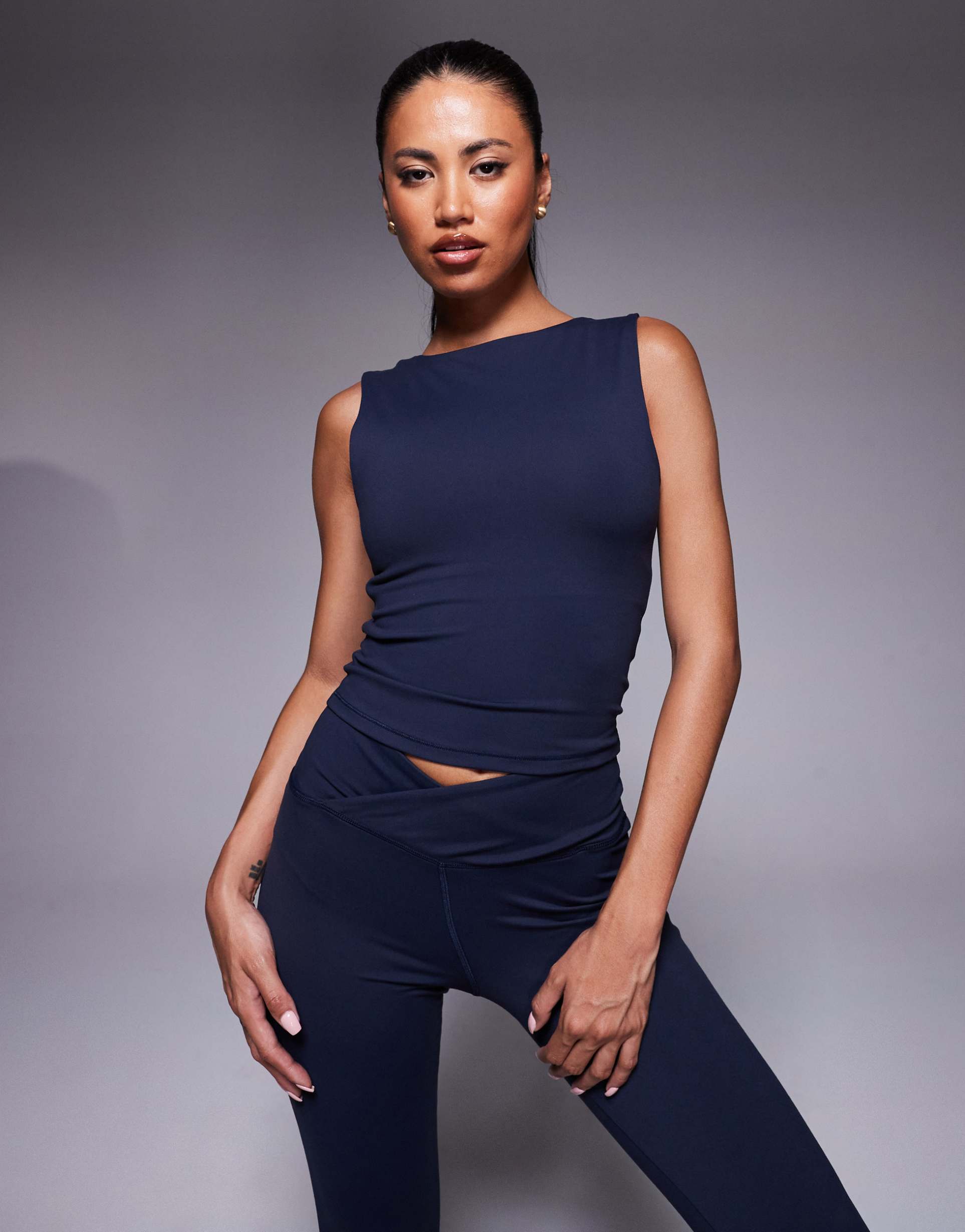 4505 icon soft touch high neck tank with inner bra in midnight navy