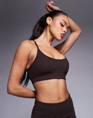 [ASOS] 4505 Icon soft touch light support sports bra with adjustable straps in chocolate-Brown 4 Chocolate