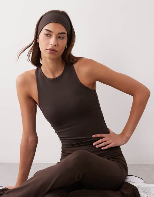 4505 Icon soft touch racer back singlet with inner bra and removable padding in chocolate, 4 of 4