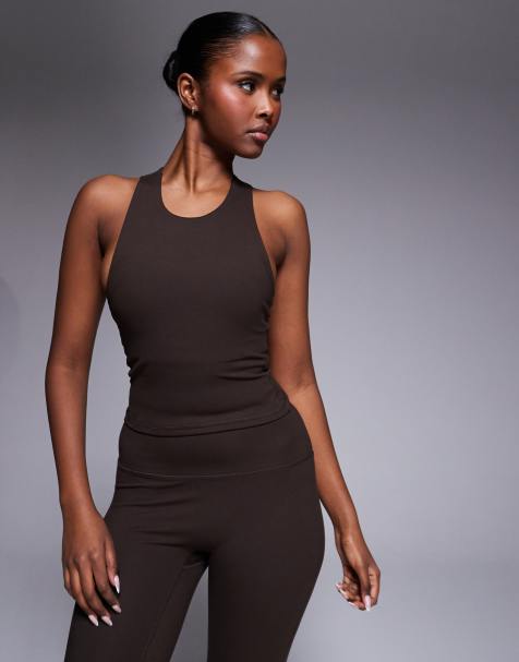 4505 Icon soft touch racer back tank top with inner bra and removable padding in chocolate - view 1