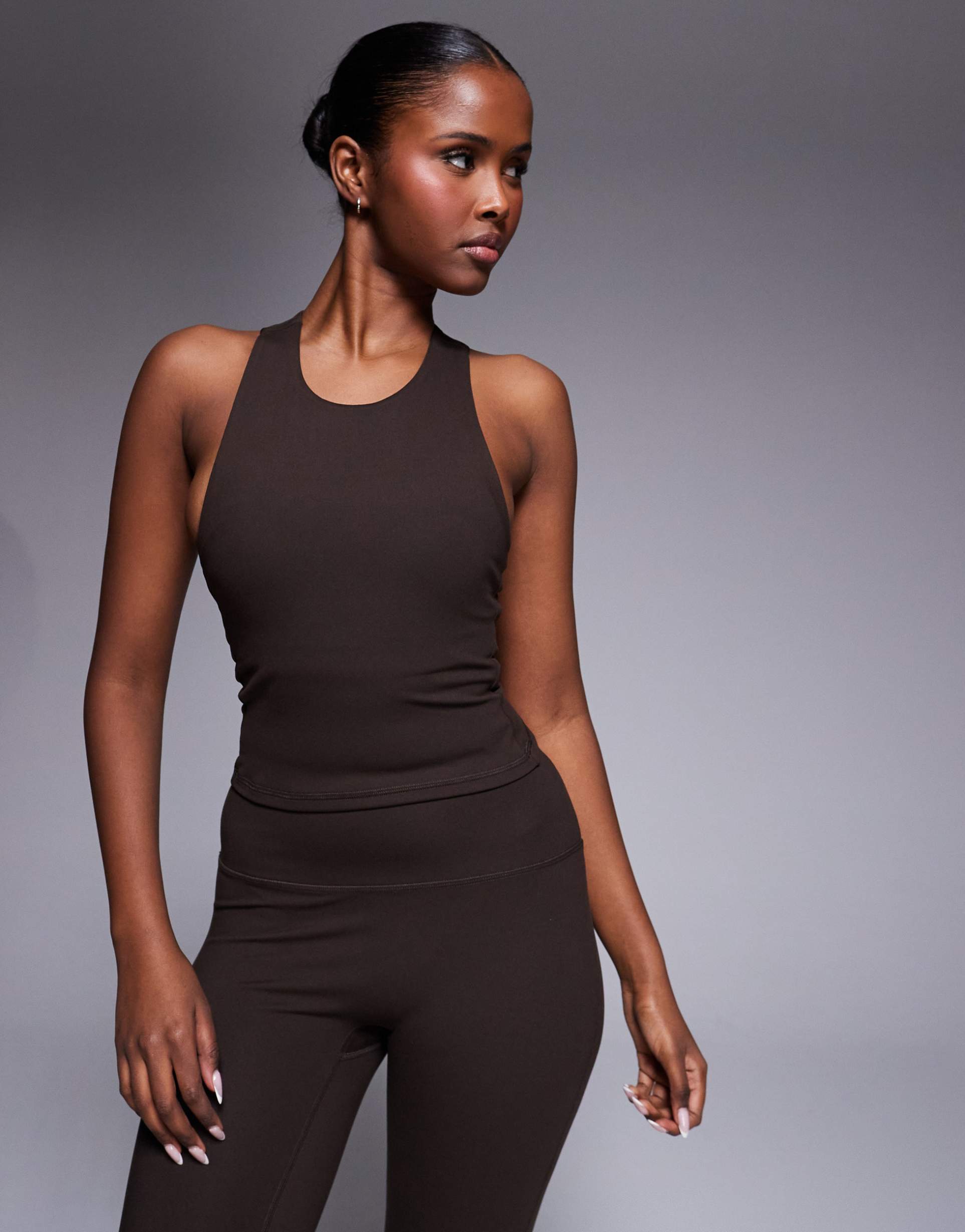 4505 icon soft touch racer back tank top with inner bra and removable padding in chocolate