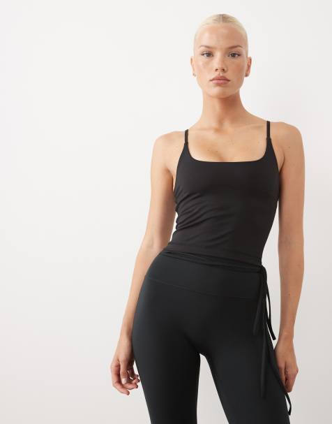 4505 Icon soft touch scoop neck yoga cami with inner bra and adjustable straps in black - view 1