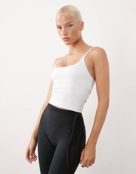 4505 Icon soft touch scoop neck yoga cami with inner bra and adjustable straps in white - view 1