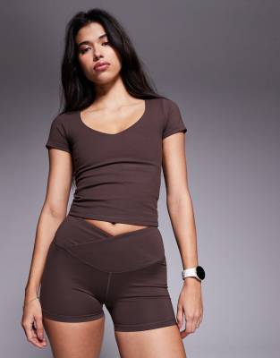 4505 Icon Soft Touch Wrap Waist 3 Inch Booty Shorts In Brown
