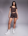 [ASOS] 4505 Icon soft touch wrap waist 8cm booty shorts in plum chocolate-Brown 14 Cinnamon