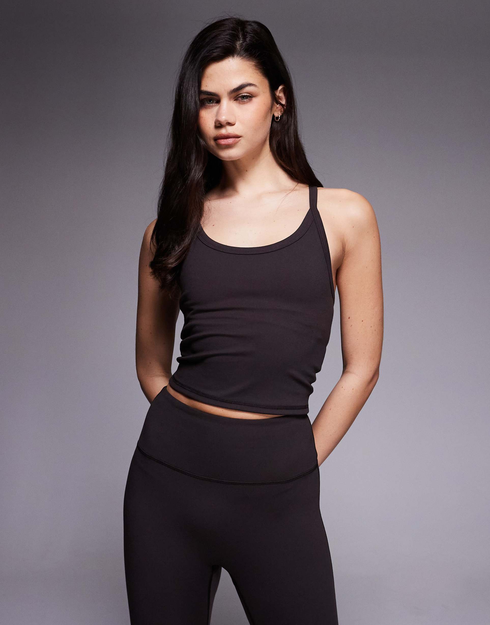 4505 icon soft touch yoga cami top with shelf bra and adjustable straps in dark chocolate