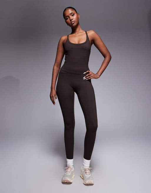 4505 Icon soft touch yoga cami with inner bra and adjustable straps in chocolate, 3 of 4
