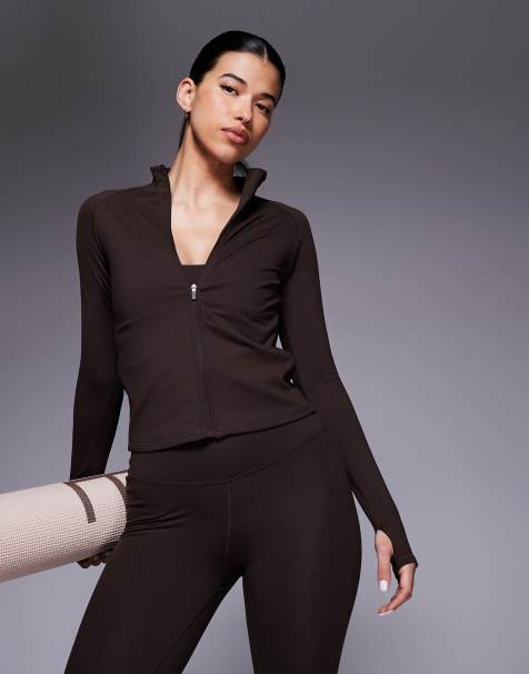 4505 Icon soft touch zip up long sleeve performance top in chocolate - view 1