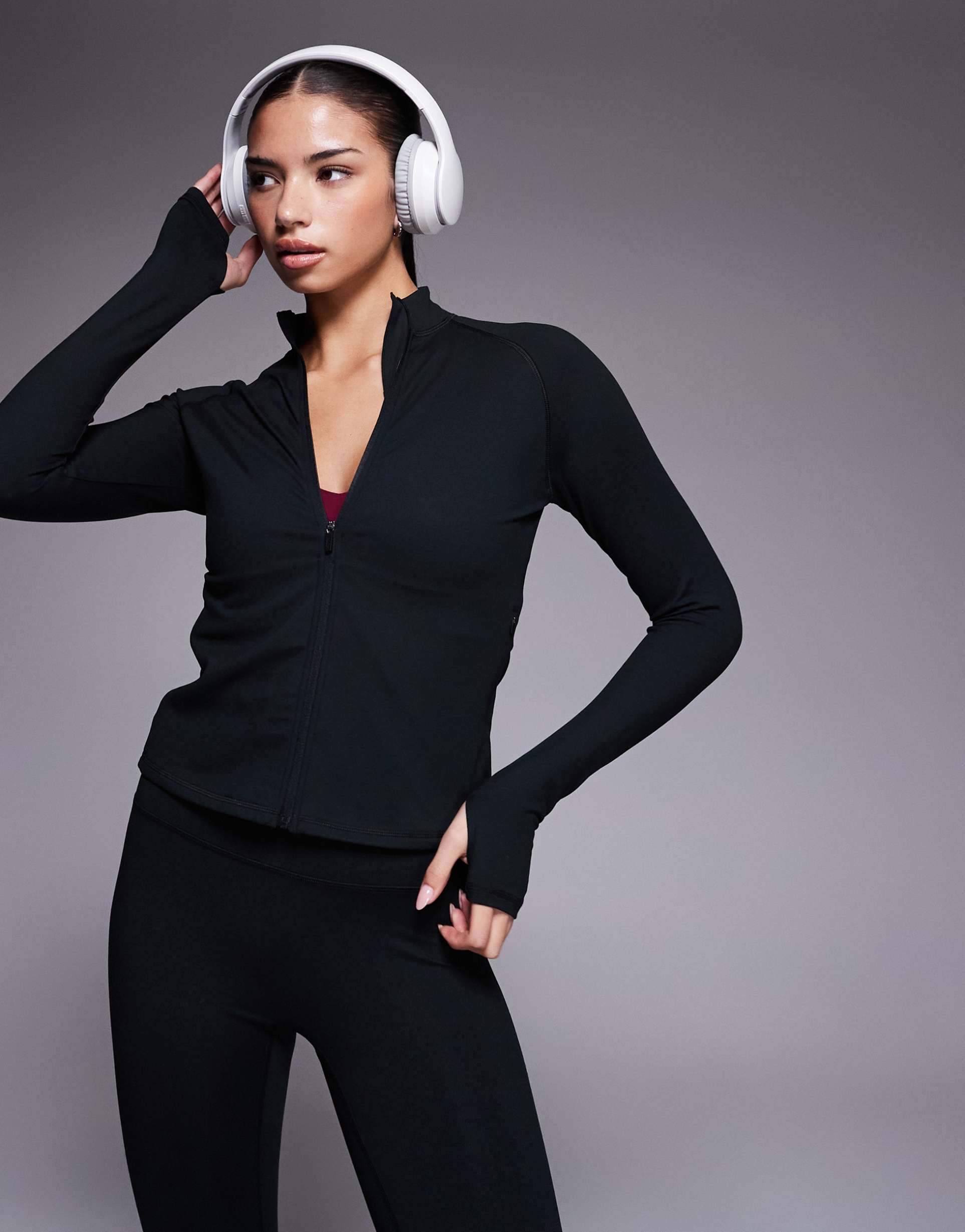 4505 icon soft touch zip up studio long sleeve top in black