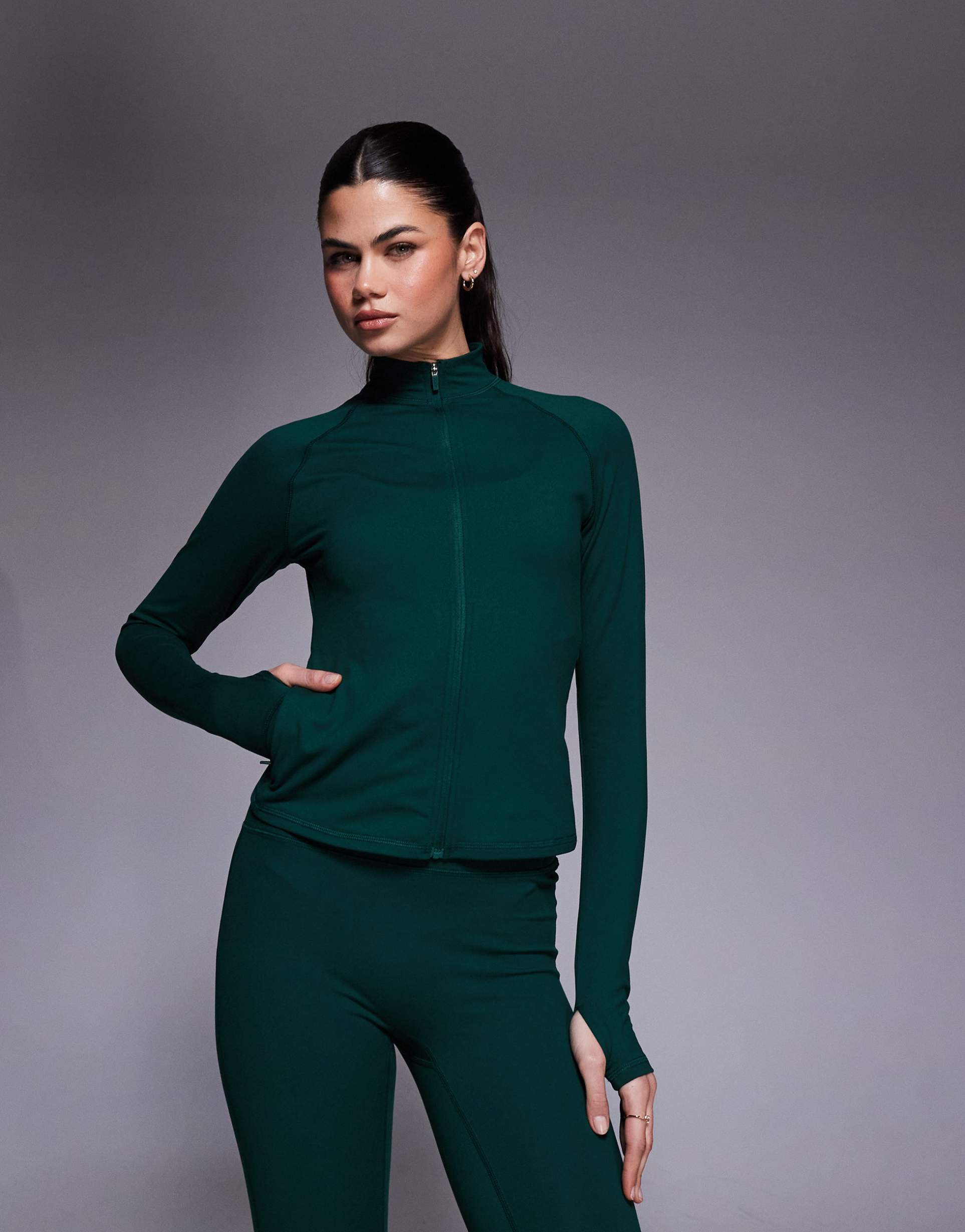 4505 icon soft touch zip up studio long sleeve top in evergreen
