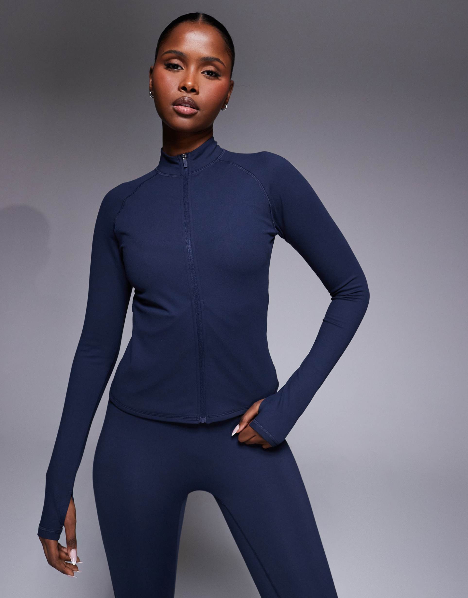 4505 icon soft touch zip up studio long sleeve top in midnight navy