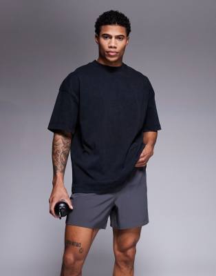 DESIGN - T-shirt Oversize Pesante Da 220 Gsm Nero Slavato Con Stampa Sportiva Sul Petto