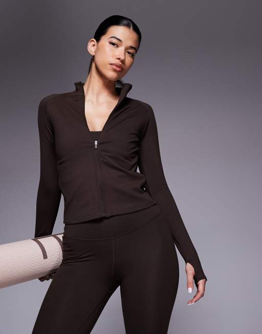 4505 - Icon - Top a maniche lunghe tecnico color cioccolato morbido al tatto con zip