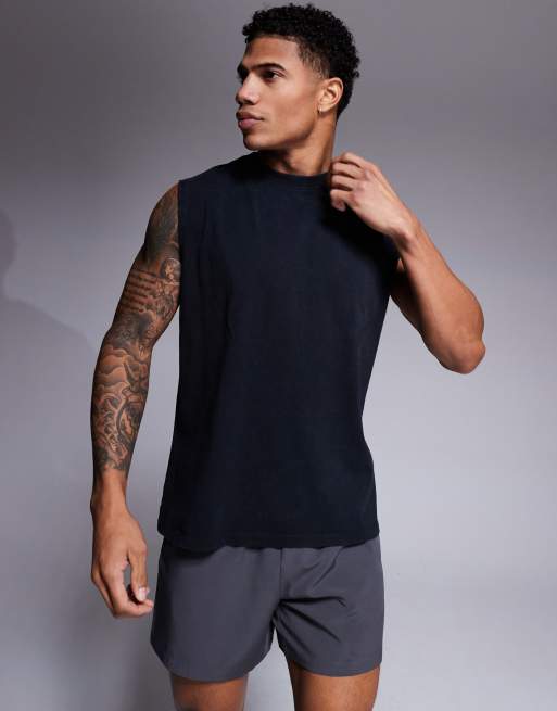 4505 - Icon - Top senza maniche nero da allenamento oversize in cotone con finitura quick dry 
