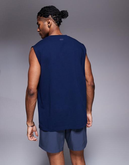4505 - Icon - Top senza maniche oversize da allenamento in cotone blu navy con finitura quick dry , 2 di 4
