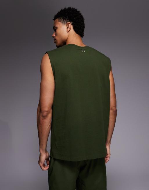 4505 - Icon - Top senza maniche oversize da allenamento in cotone kaki slavato con finitura quick dry, 3 di 5