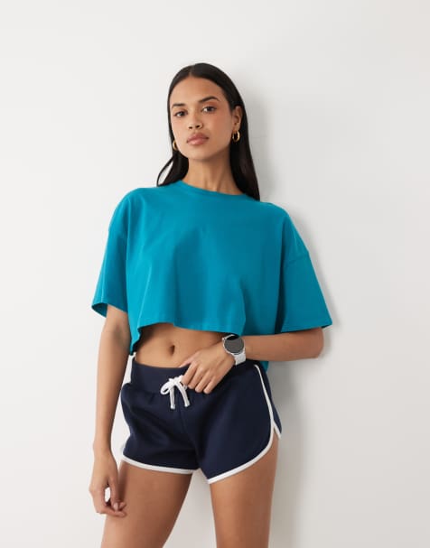 4505 – Icon – Turkusowy szybkoschnący T-shirt o krótkim fasonie z grubej bawełny z efektem sprania - view 1