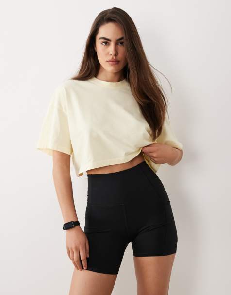 4505 - Icon - Vasket citrongul cropped T-shirt i kraftig bomuld med hurtigttørrende finish - view 1