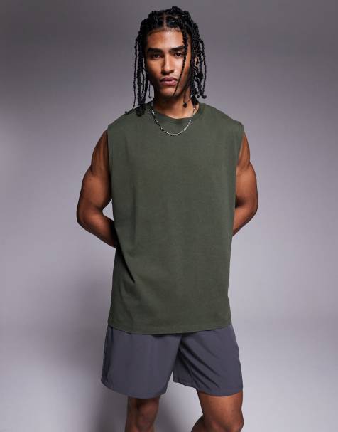 4505 - Icon - Vasket kakigrøn oversized tanktop til vægttræning i bomuld med hurtigttørrende finish - view 1