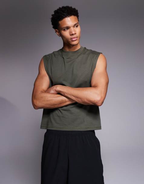 4505 - Kakigrøn cropped trænings-tanktop i bomuld med hurtigttørrende finish - view 1