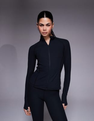 Langärmlige, weiche und formende Reißverschlussjacke in Schwarz mit Rippmuster Schwarz 42
