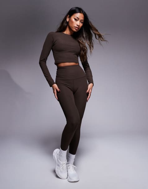 4505 - Legging de sport côtelé doux au toucher à taille haute - Truffe - view 1