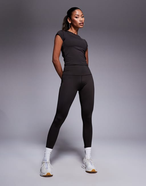 4505 - Leggings a vita alta da corsa color cioccolato scuro con tasca per cellulare con zip 