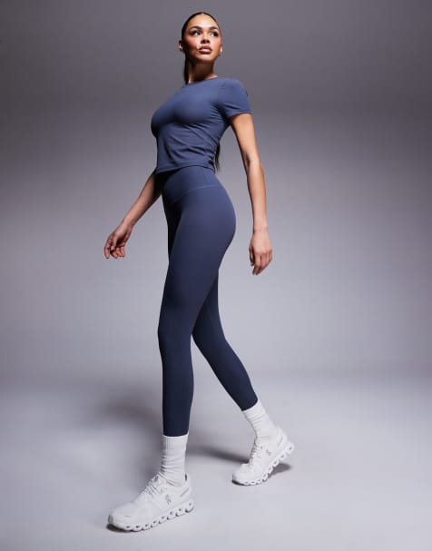 4505 - Leggings da palestra grigio blu a coste morbidi al tatto a vita alta - view 1