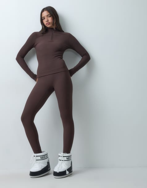 4505 leggings da sci termici a costine con interno in pile, color cioccolato - view 1