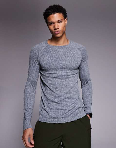 4505 – Lekki dopasowany bezszwowy T-shirt z długimi rękawami w szarym melanżowym kolorze - view 1