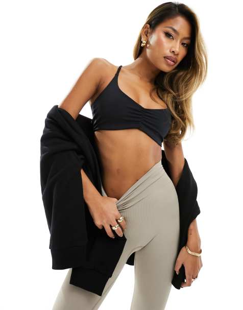 4505 light support ruched front strappy back sports bra in black - view 1