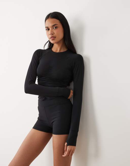 4505 lightweight active ruched front long sleeve running top in black, 2 of 4