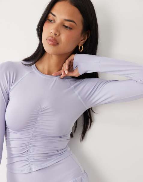 4505 lightweight active ruched front long sleeve running top in periwinkle - view 1