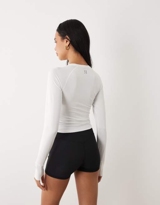 4505 lightweight active ruched front long sleeve running top in white, 2 of 4