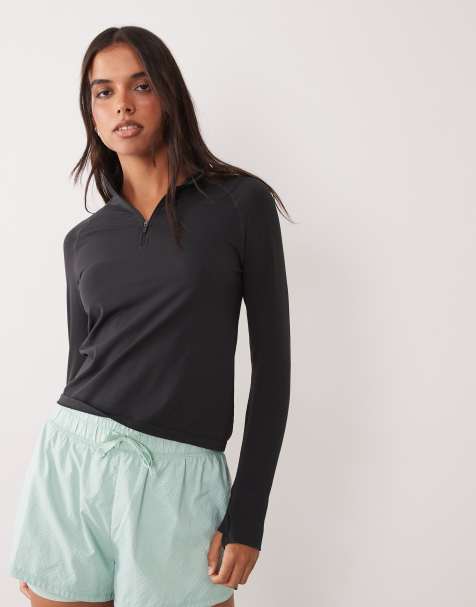 4505 lightweight seamless 1/4 zip long sleeve running top in black - view 1