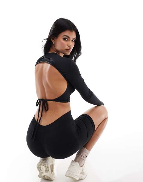 4505 long sleeve open back active top in black - view 1