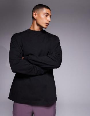 4505 Long Sleeve Oversized Cotton Training T-shirt With Quick Dry Finish In Black