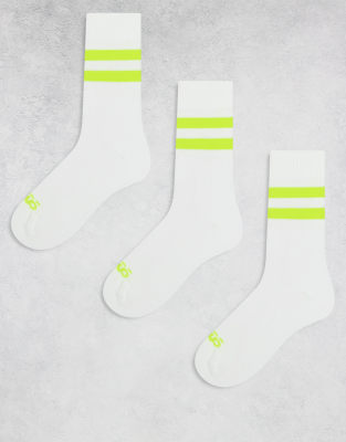 4505 - Lot de 3 paires de chaussettes de courses à 2 bandes avec maintien élastiqué au niveau de la voûte plantaire et finition antibactérienne - Blanc à bandes jaune fluo