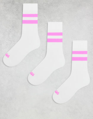 4505 - Lot de 3 paires de chaussettes de courses à 2 rayures avec maintien élastiqué au niveau de la voûte plantaire et finition antibactérienne - Blanc à rayures rose fluo