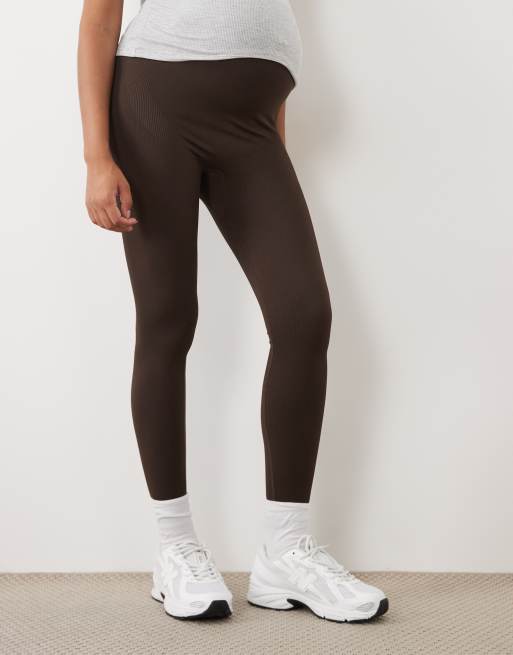 4505 Maternity legging de sport sans coutures à taille haute en baby rib chocolat, 2 de 5