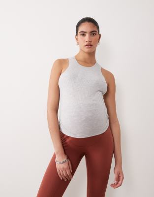 4505 Maternity Lightweight Ribbed Racer Neck Tank Top With Shelf Bra And Removable Padding In Gray