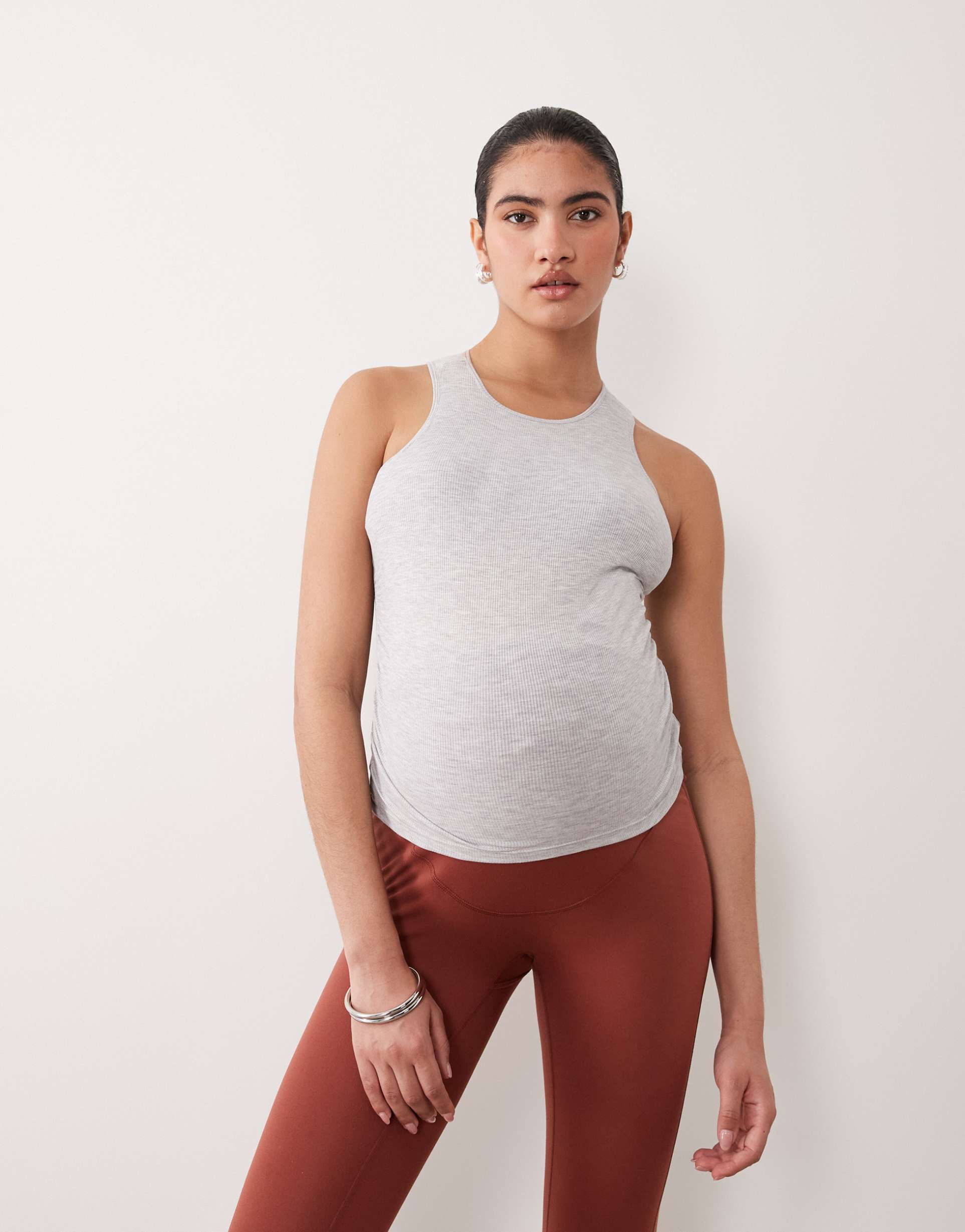 4505 maternity lightweight ribbed racer neck tank top with shelf bra and removable padding in heather gray