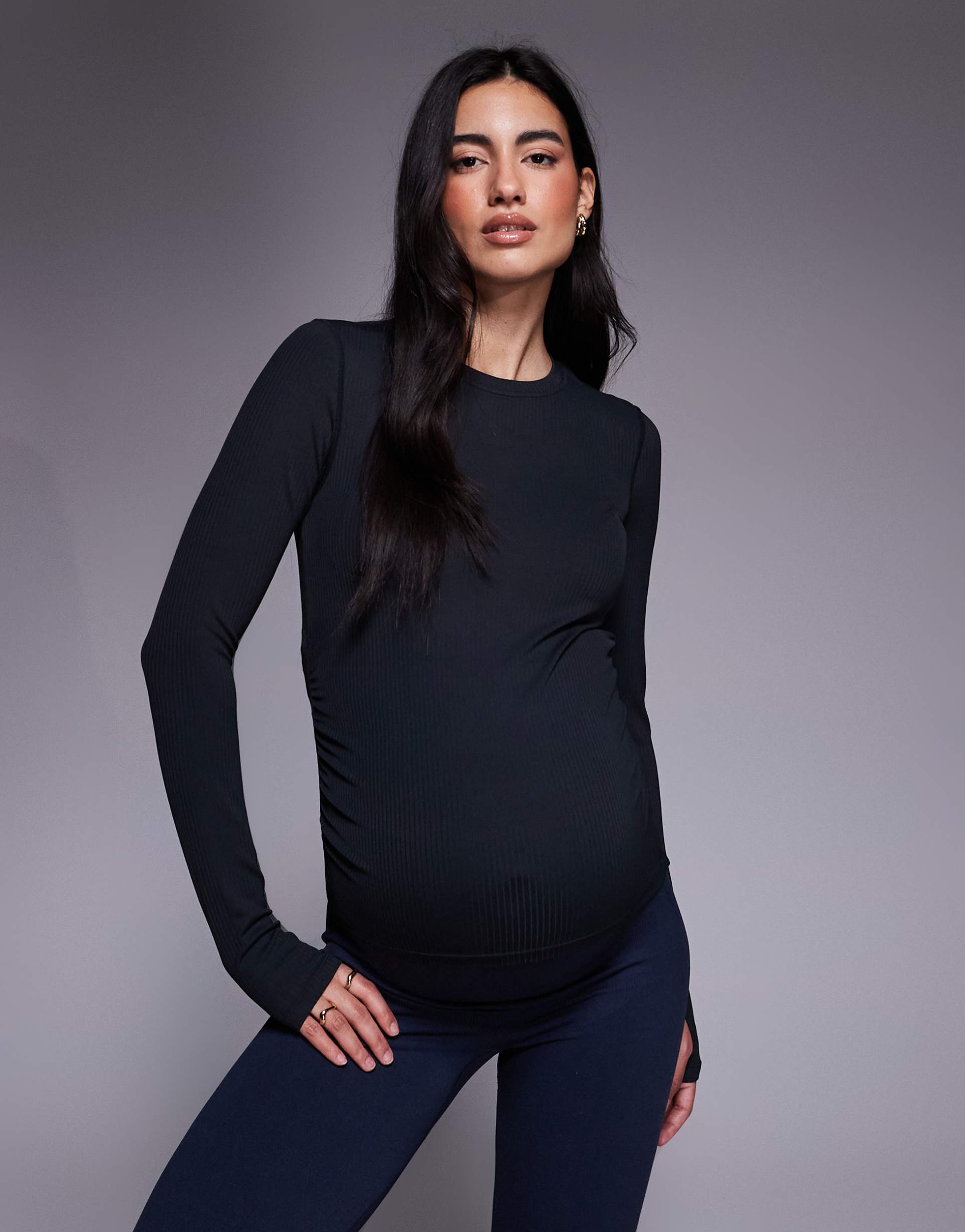 4505 maternity plush handle rib long sleeve warmup top in black