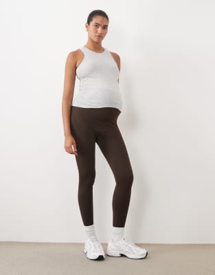 4505 Maternity Seamless Baby Rib High Waist Gym Leggings In Brown