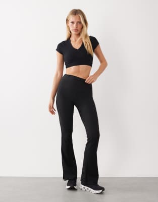 4505 micro rib high waist slim kick yoga leggings with side split in black