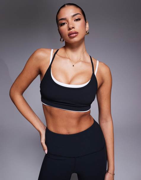 4505 micro rib light support strappy sports bra with removeable padding in black - view 1