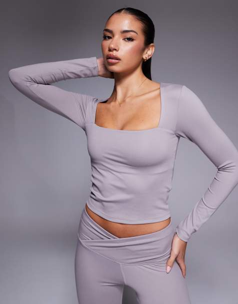 4505 soft touch square neck long sleeve top in mink